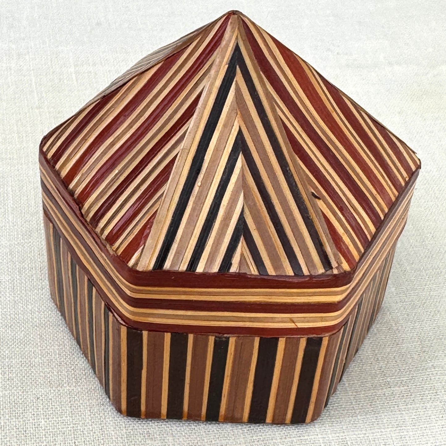 Vintage Hexagon Inlaid Wood Trinket Box Geometric Folk Art Box
