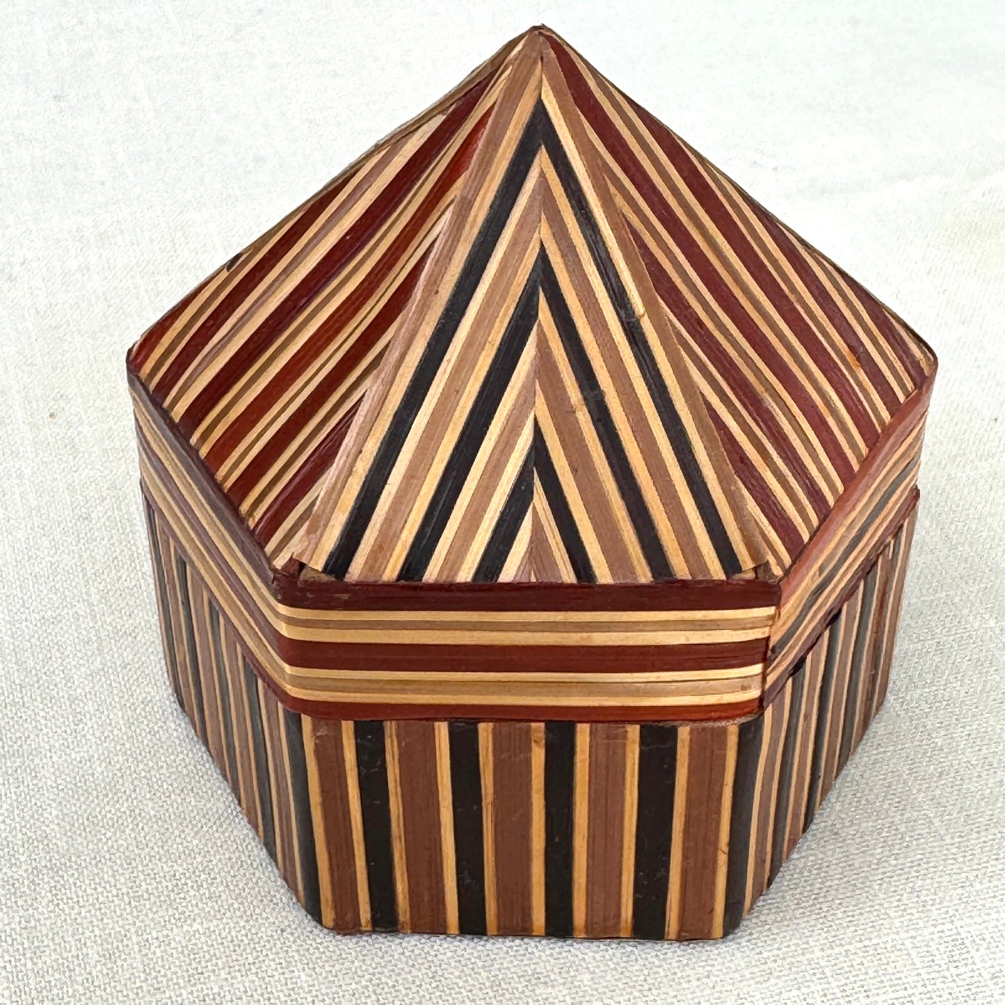 Vintage Hexagon Inlaid Wood Trinket Box Geometric Folk Art Box