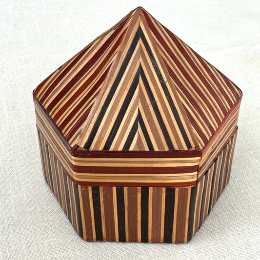 Vintage Hexagon Inlaid Wood Trinket Box Geometric Folk Art Box