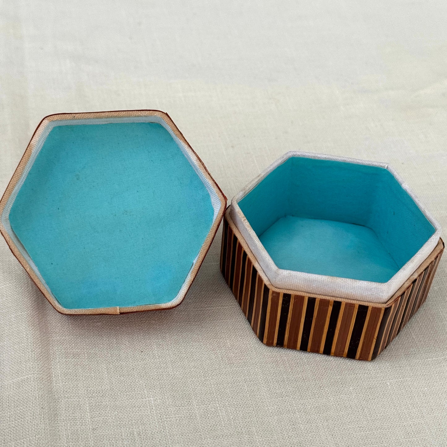 Vintage Hexagon Inlaid Wood Trinket Box Geometric Folk Art Box