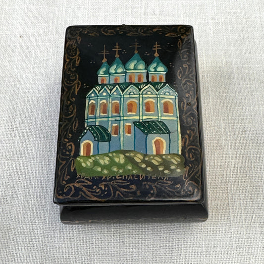 Vintage Black Lacquer Style Church Trinket Box Hand-Painted Mini Keepsake Box