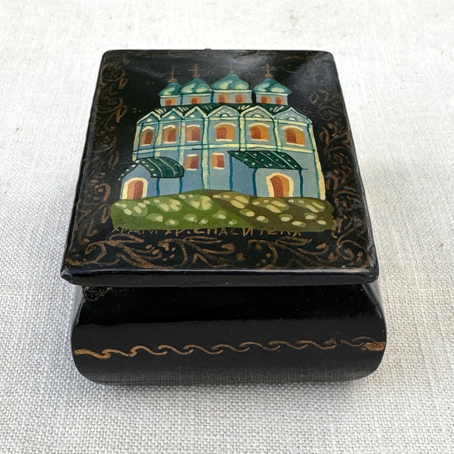 Vintage Black Lacquer Style Church Trinket Box Hand-Painted Mini Keepsake Box