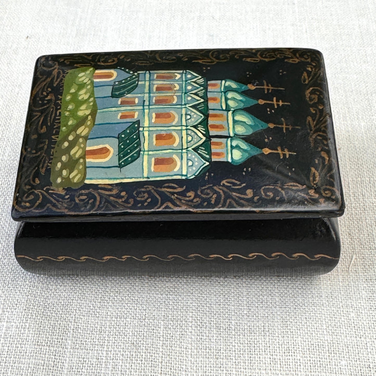 Vintage Black Lacquer Style Church Trinket Box Hand-Painted Mini Keepsake Box