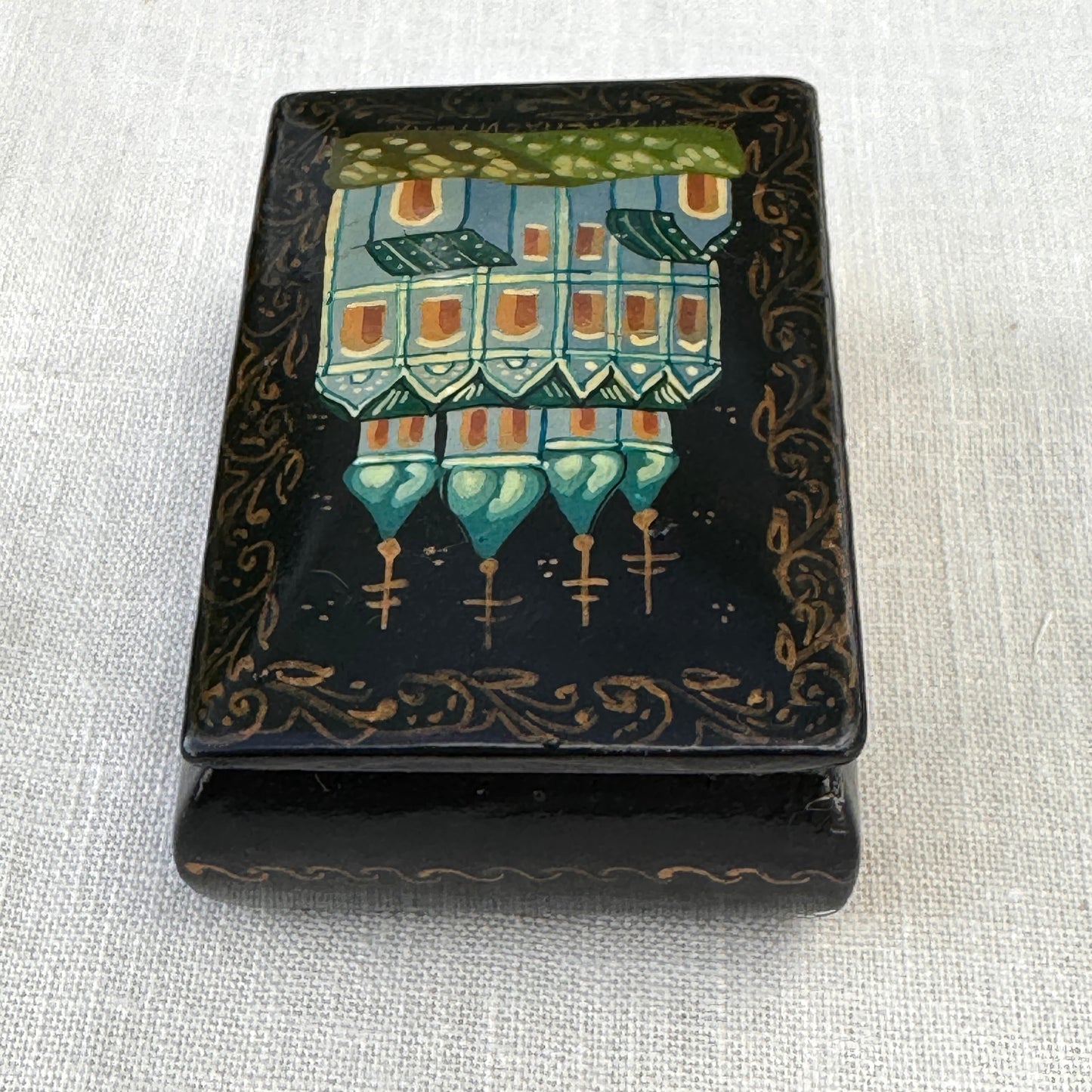 Vintage Black Lacquer Style Church Trinket Box Hand-Painted Mini Keepsake Box