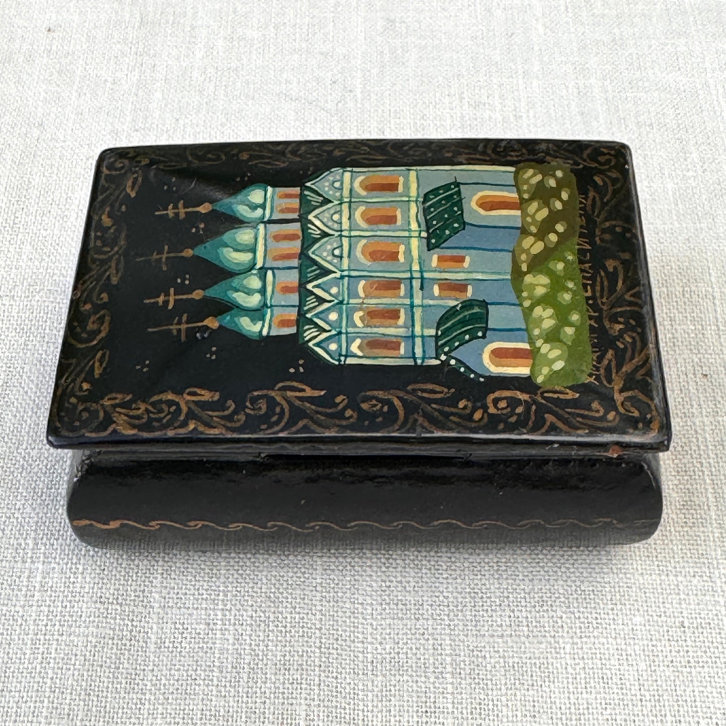 Vintage Black Lacquer Style Church Trinket Box Hand-Painted Mini Keepsake Box