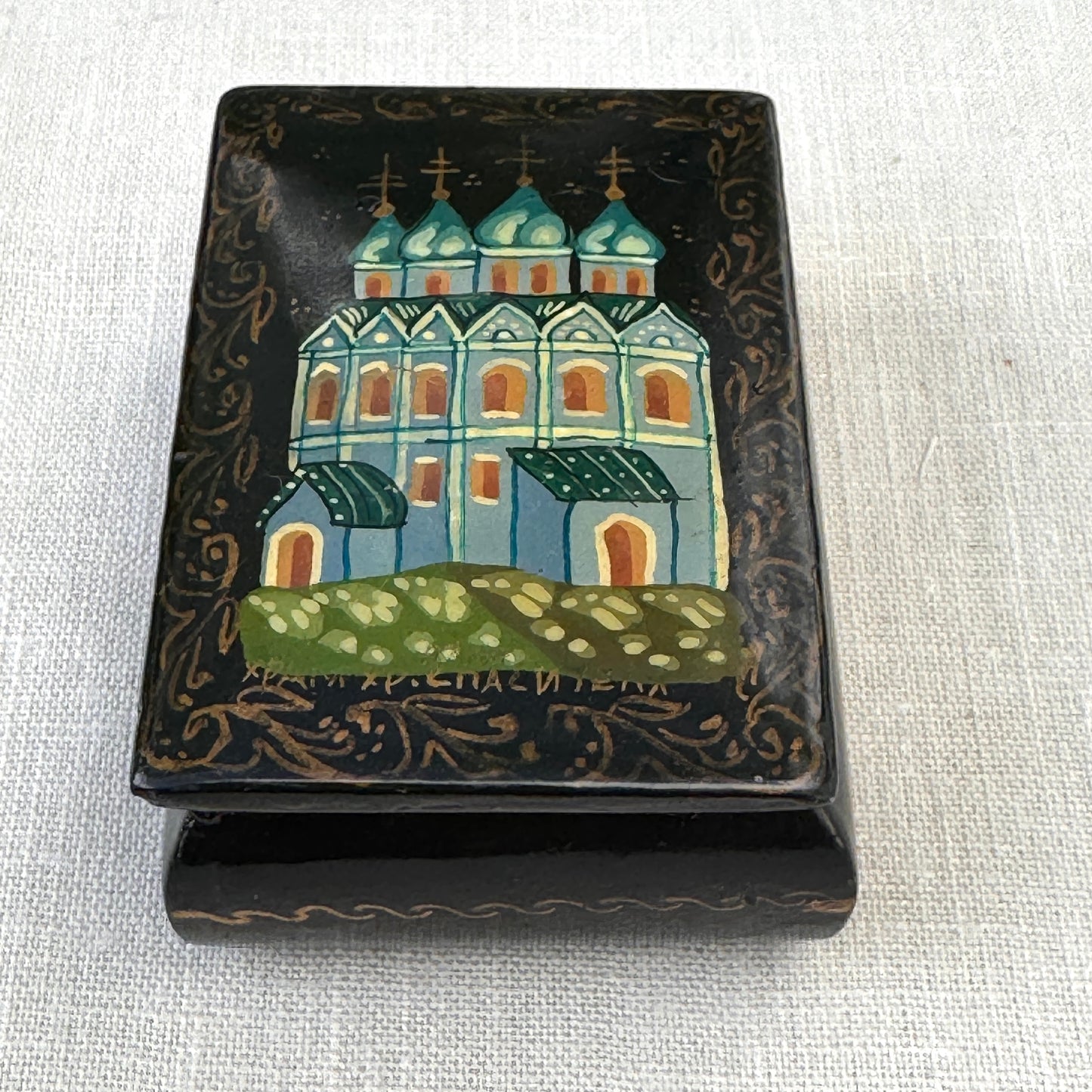 Vintage Black Lacquer Style Church Trinket Box Hand-Painted Mini Keepsake Box
