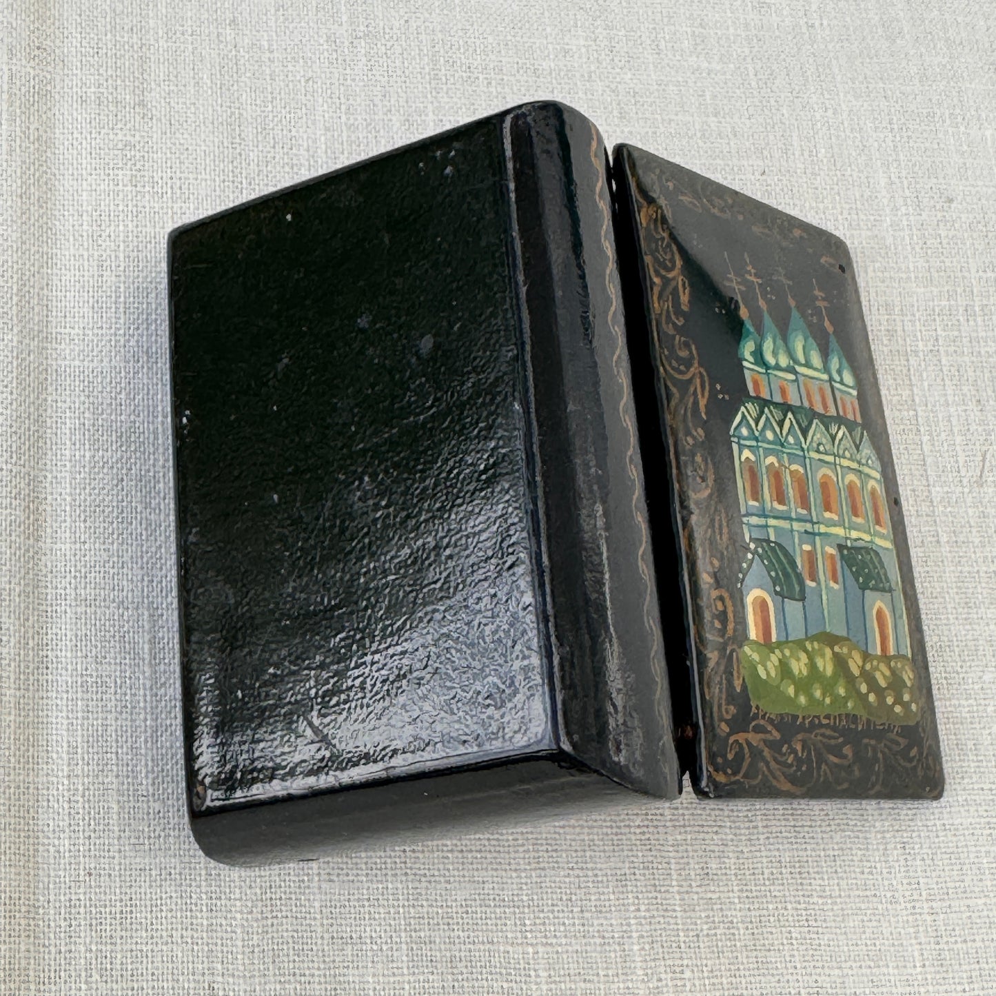 Vintage Black Lacquer Style Church Trinket Box Hand-Painted Mini Keepsake Box