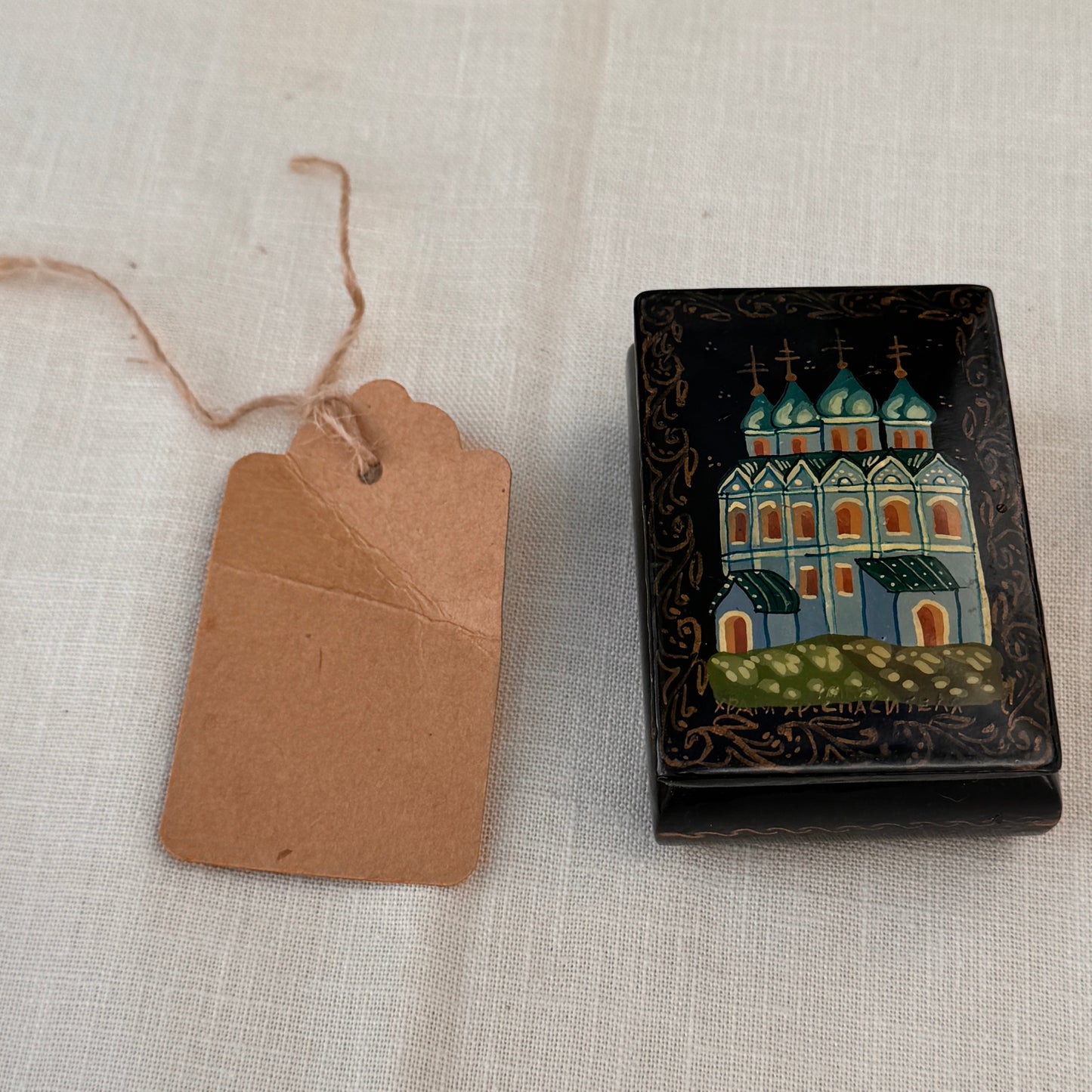 Vintage Black Lacquer Style Church Trinket Box Hand-Painted Mini Keepsake Box