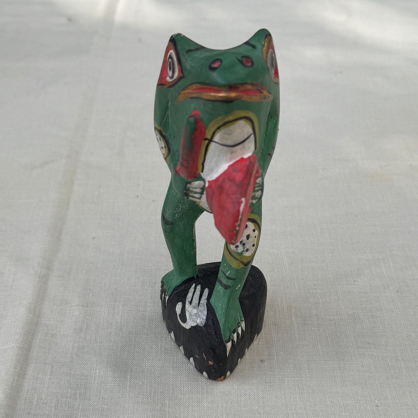 Vintage Hand-Carved Painted Wood Frog Figurine Folk Art Statue