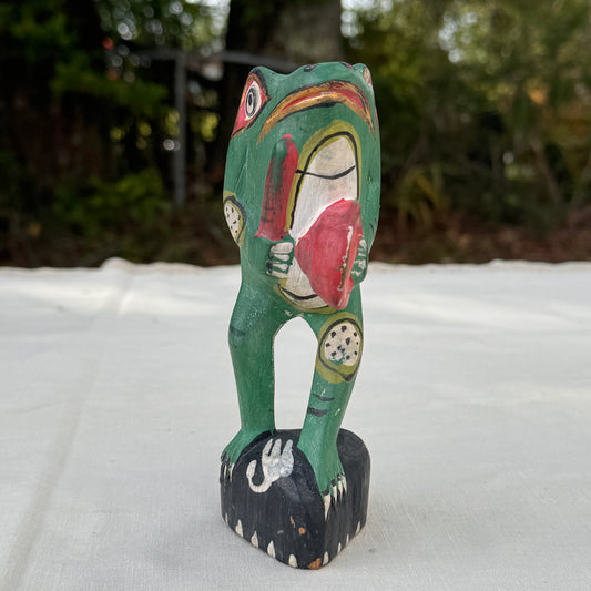 Vintage Hand-Carved Painted Wood Frog Figurine Folk Art Statue