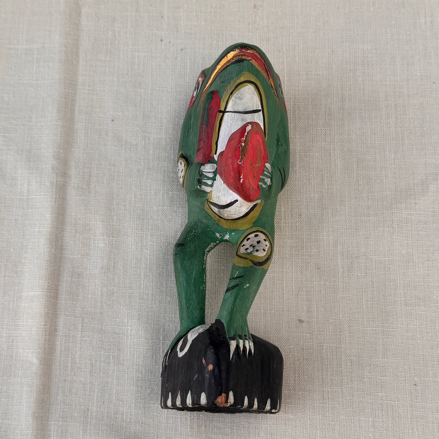 Vintage Hand-Carved Painted Wood Frog Figurine Folk Art Statue