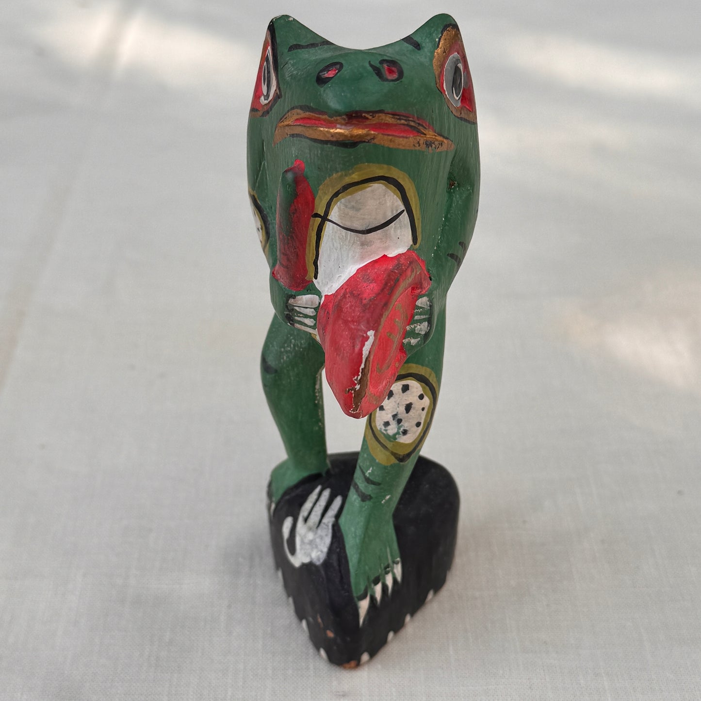 Vintage Hand-Carved Painted Wood Frog Figurine Folk Art Statue