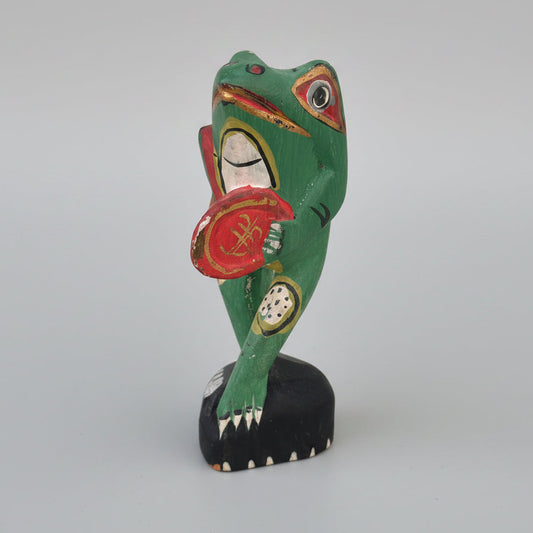 Vintage Hand-Carved Painted Wood Frog Figurine Folk Art Statue