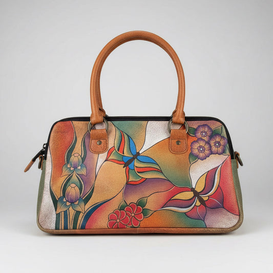 Anuschka Hand Painted Leather Satchel Bag Gold Floral Butterfly Purse