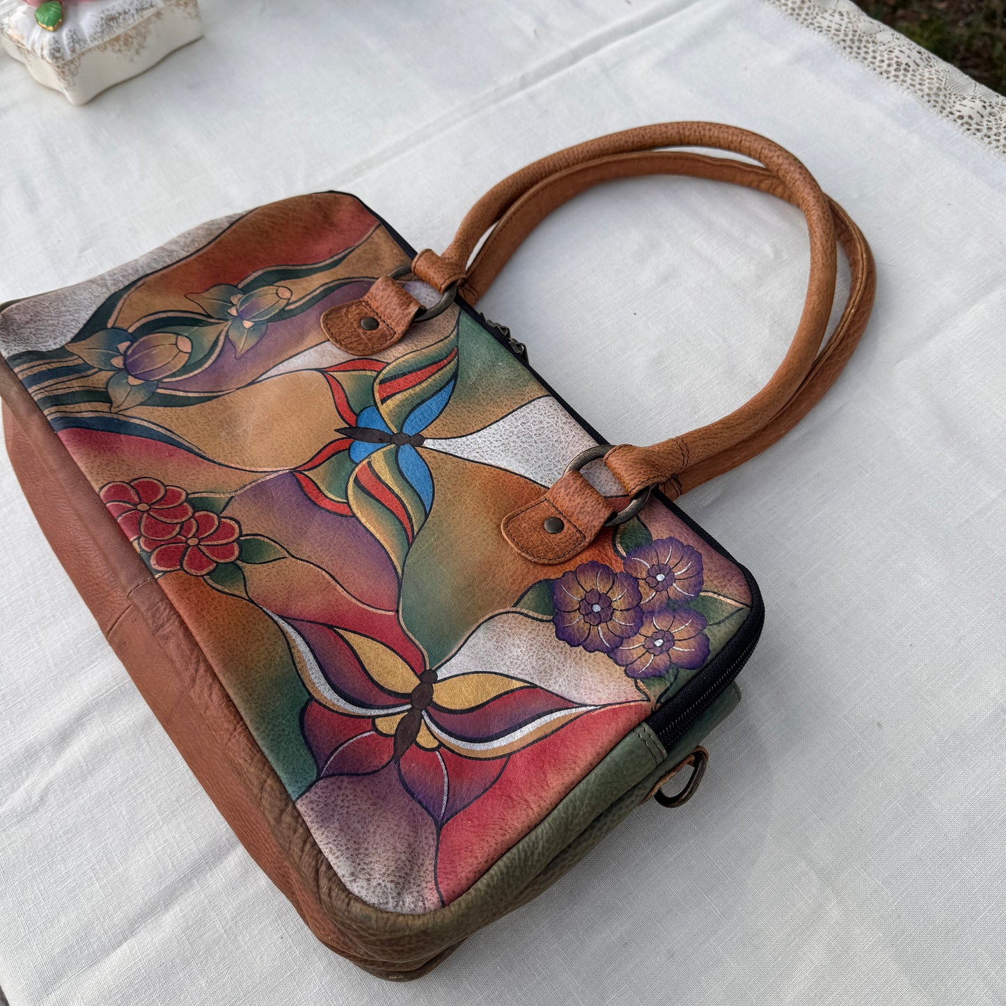 Anuschka Hand Painted Leather Satchel Bag Gold Floral Butterfly Purse