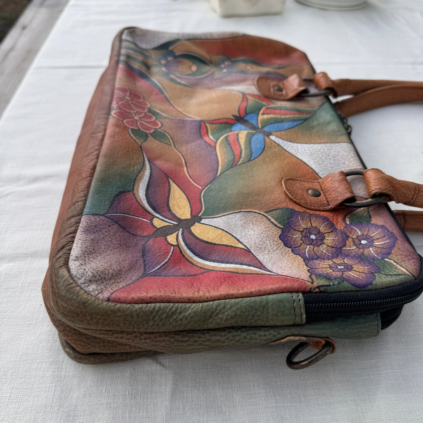 Anuschka Hand Painted Leather Satchel Bag Gold Floral Butterfly Purse