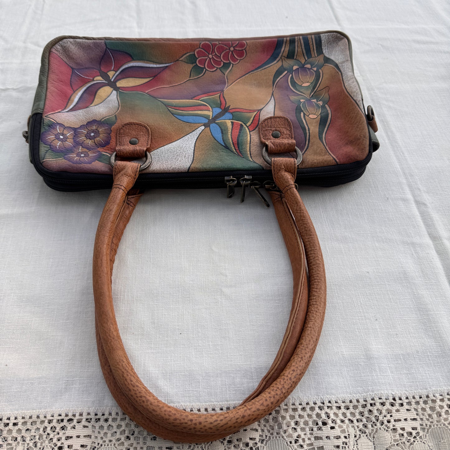 Anuschka Hand Painted Leather Satchel Bag Gold Floral Butterfly Purse