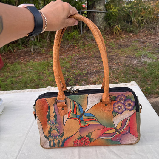 Anuschka Hand Painted Leather Satchel Bag Gold Floral Butterfly Purse