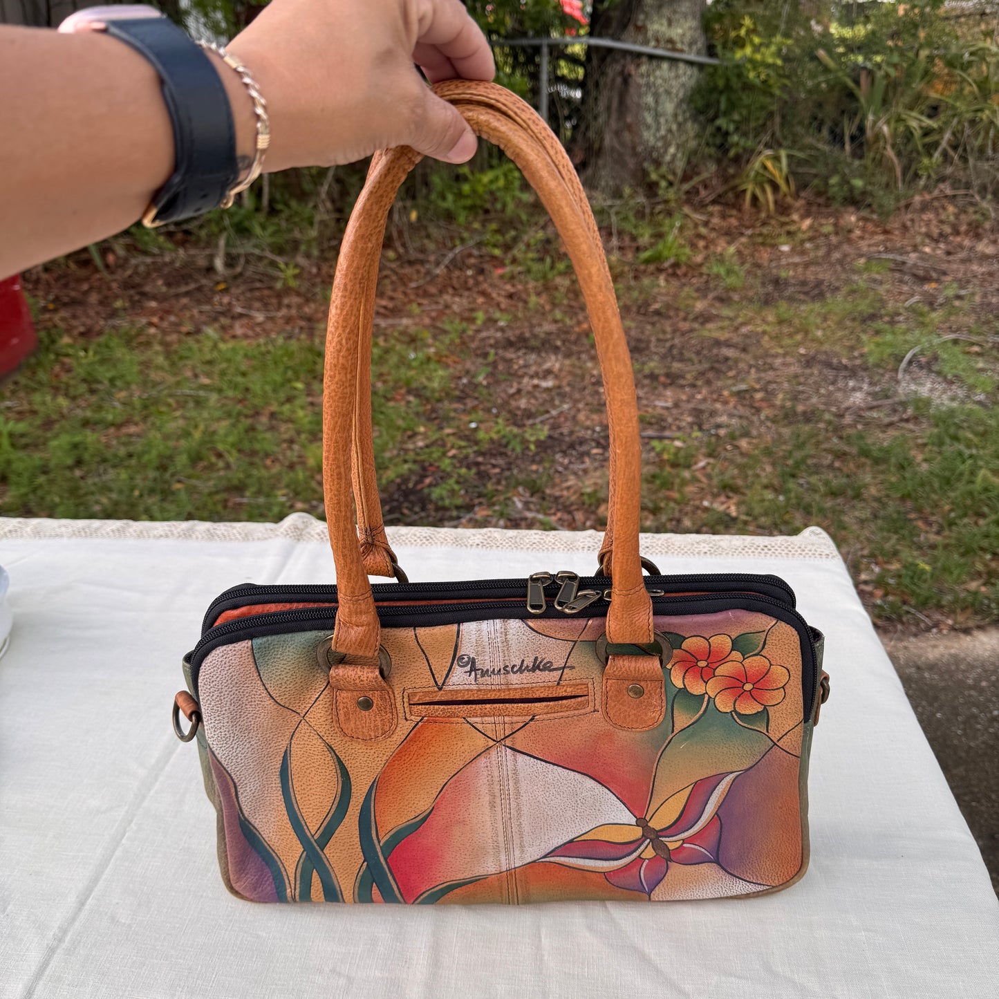Anuschka Hand Painted Leather Satchel Bag Gold Floral Butterfly Purse