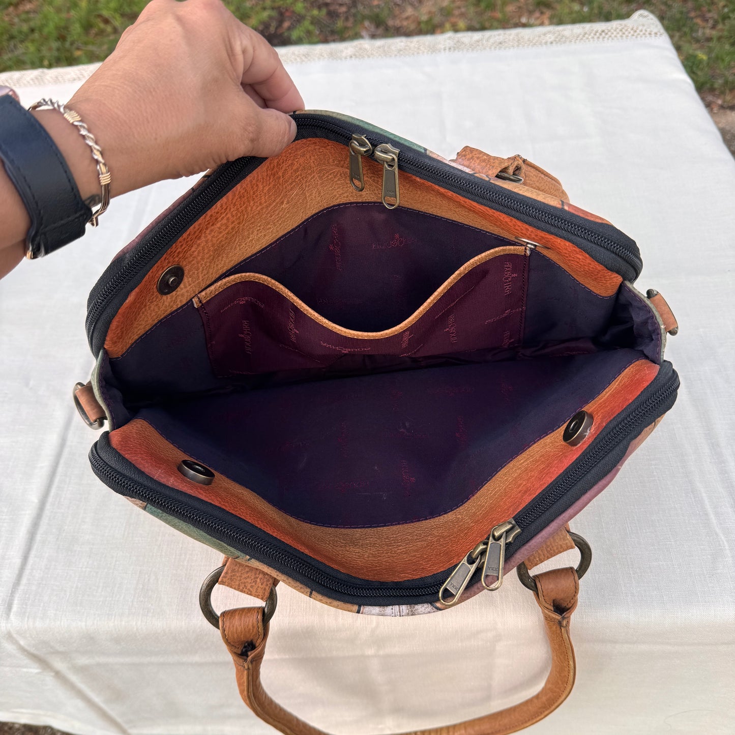 Anuschka Hand Painted Leather Satchel Bag Gold Floral Butterfly Purse
