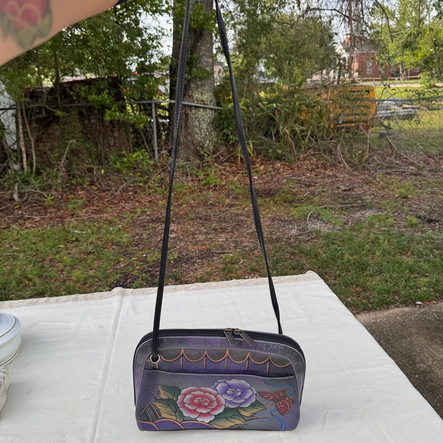 Anuschka Hand Painted Leather Crossbody Bag Purple Floral Butterfly