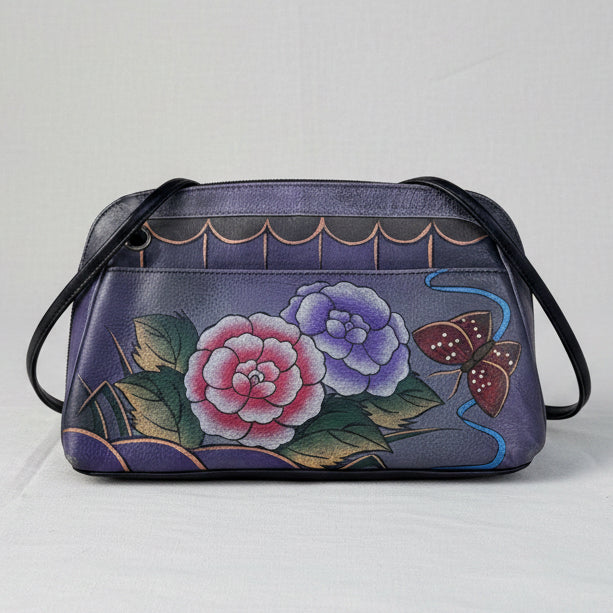 Anuschka Hand Painted Leather Crossbody Bag Purple Floral Butterfly