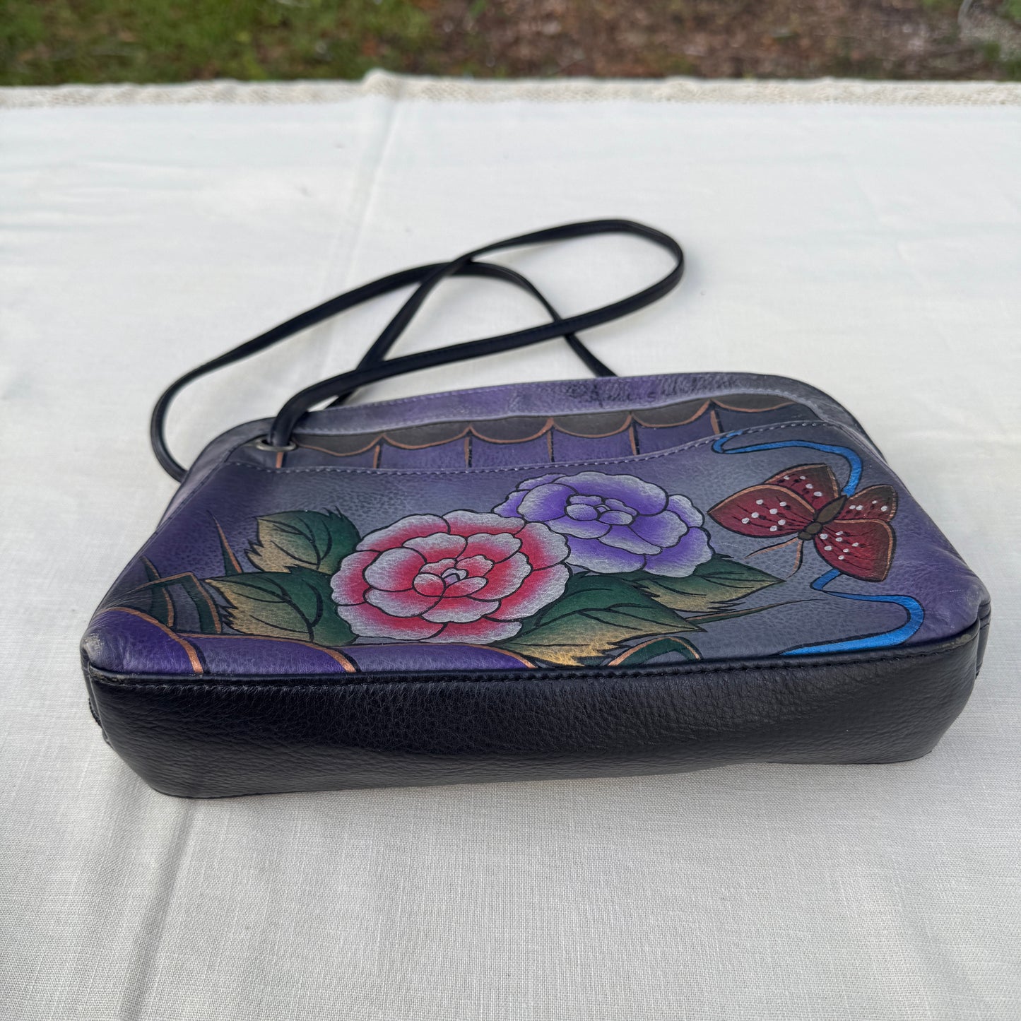 Anuschka Hand Painted Leather Crossbody Bag Purple Floral Butterfly