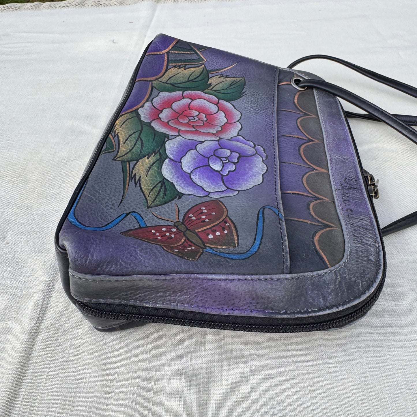 Anuschka Hand Painted Leather Crossbody Bag Purple Floral Butterfly
