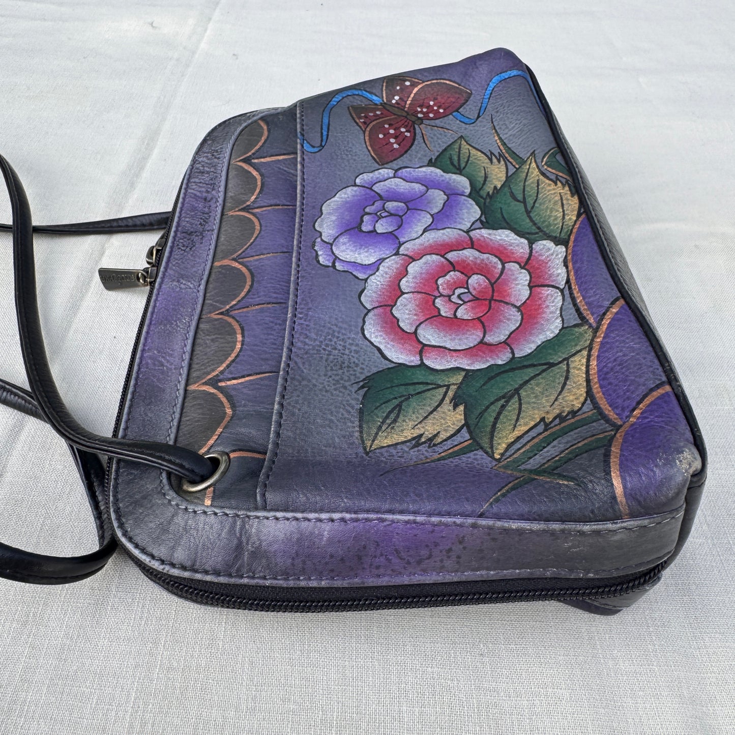 Anuschka Hand Painted Leather Crossbody Bag Purple Floral Butterfly