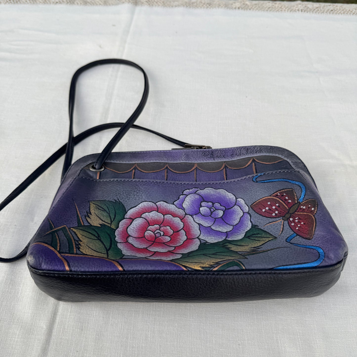 Anuschka Hand Painted Leather Crossbody Bag Purple Floral Butterfly