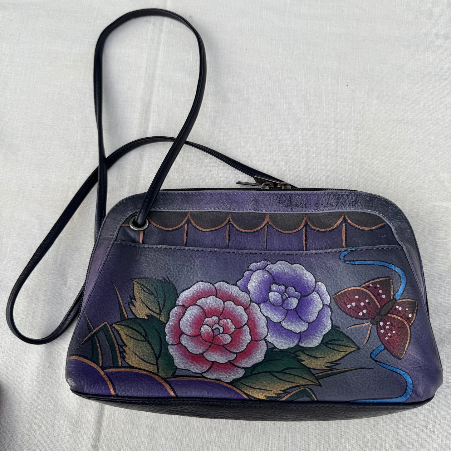Anuschka Hand Painted Leather Crossbody Bag Purple Floral Butterfly