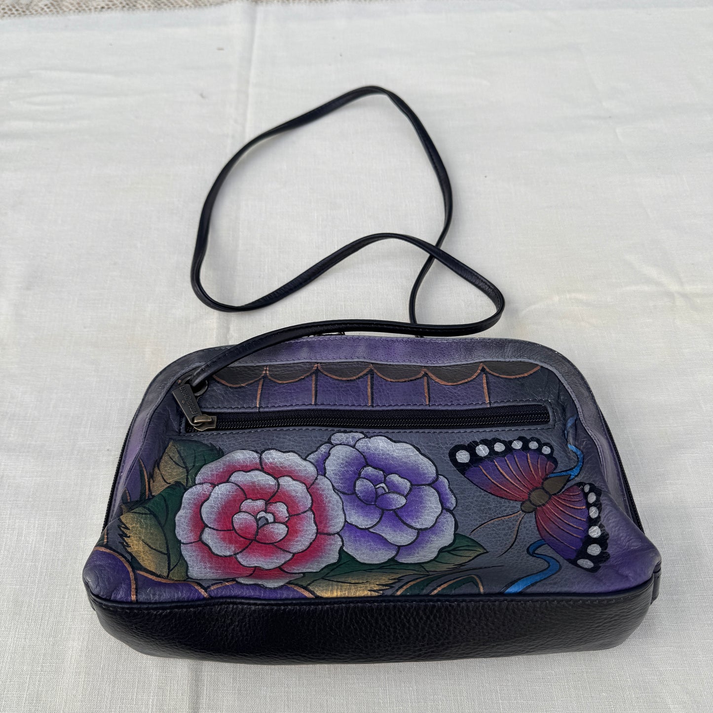 Anuschka Hand Painted Leather Crossbody Bag Purple Floral Butterfly