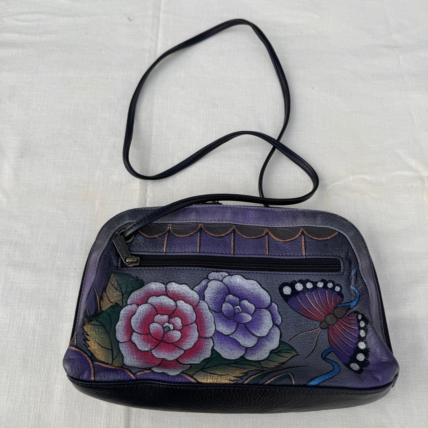 Anuschka Hand Painted Leather Crossbody Bag Purple Floral Butterfly