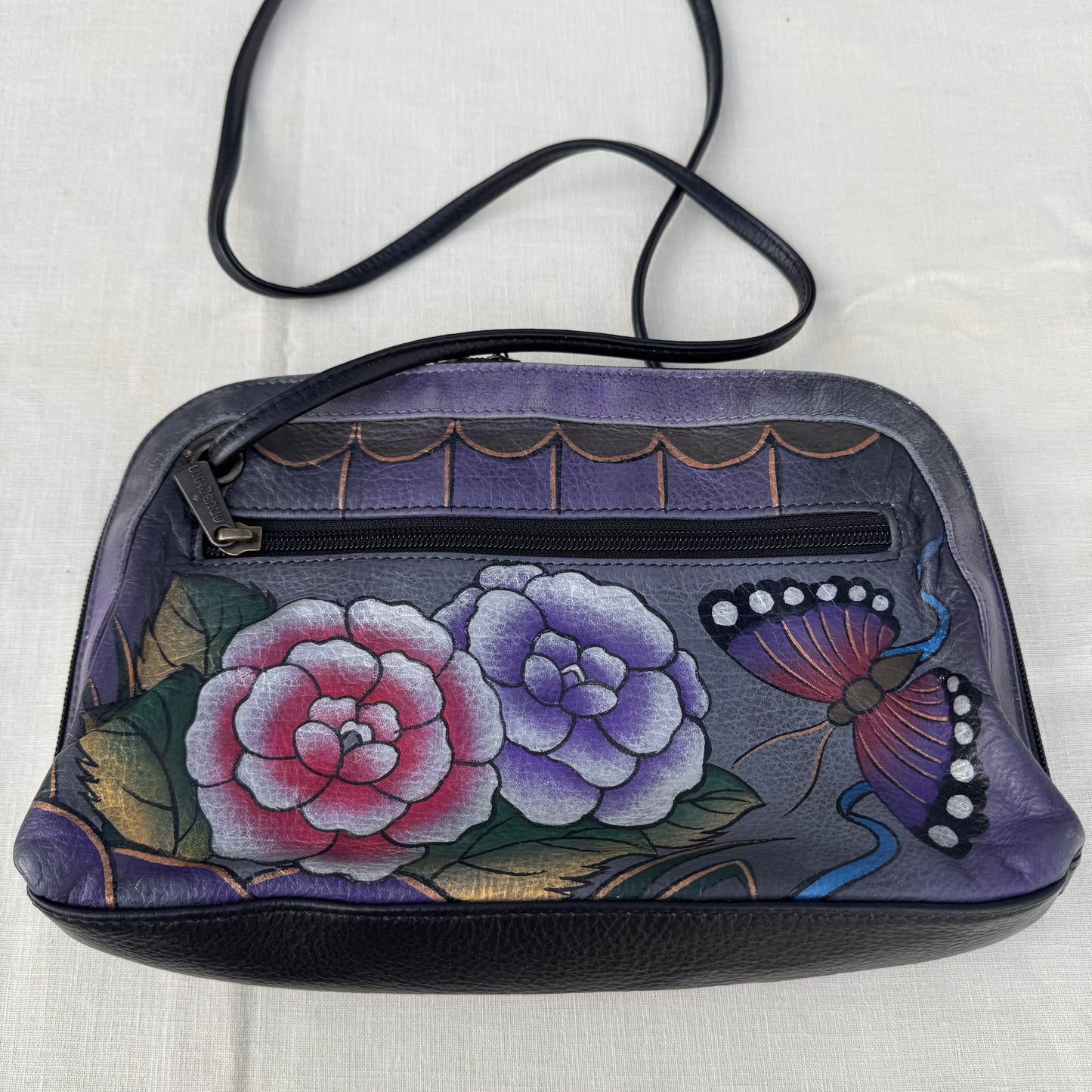 Anuschka Hand Painted Leather Crossbody Bag Purple Floral Butterfly
