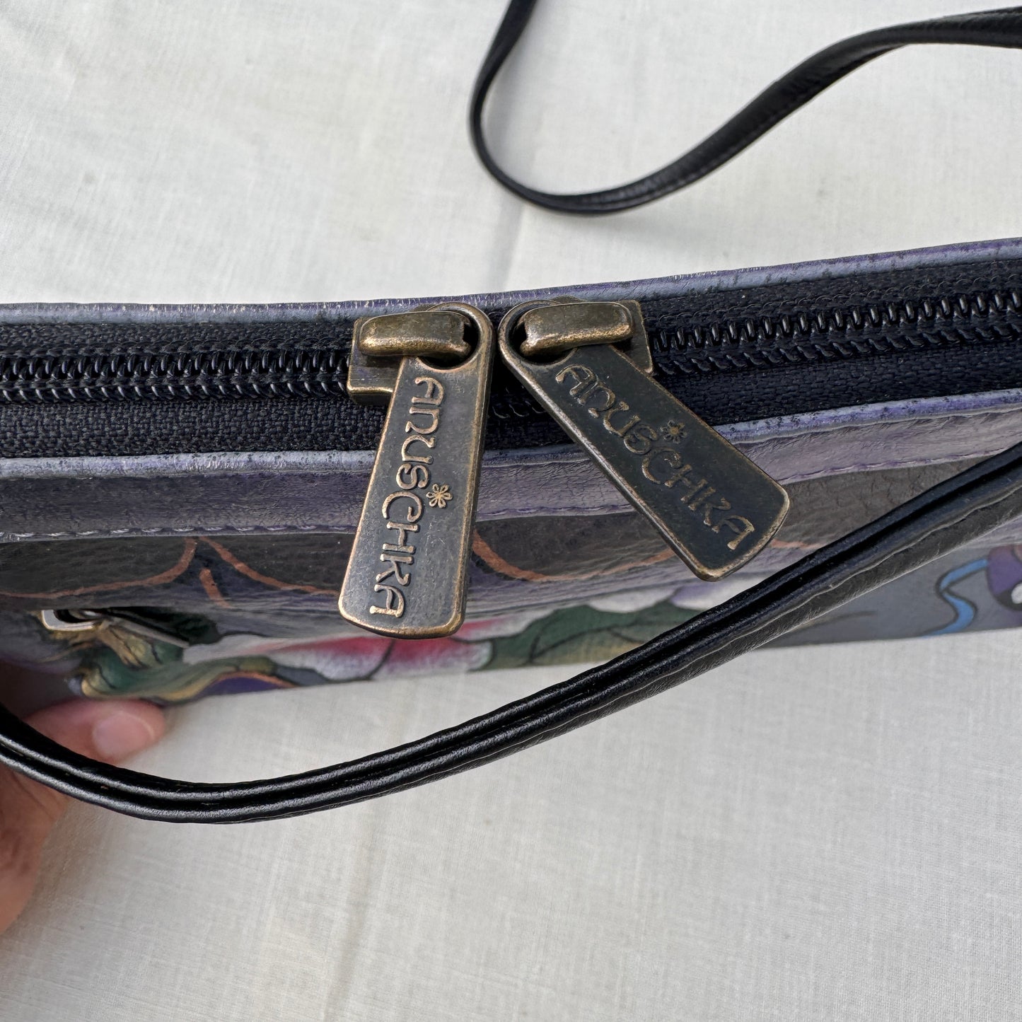 Anuschka Hand Painted Leather Crossbody Bag Purple Floral Butterfly