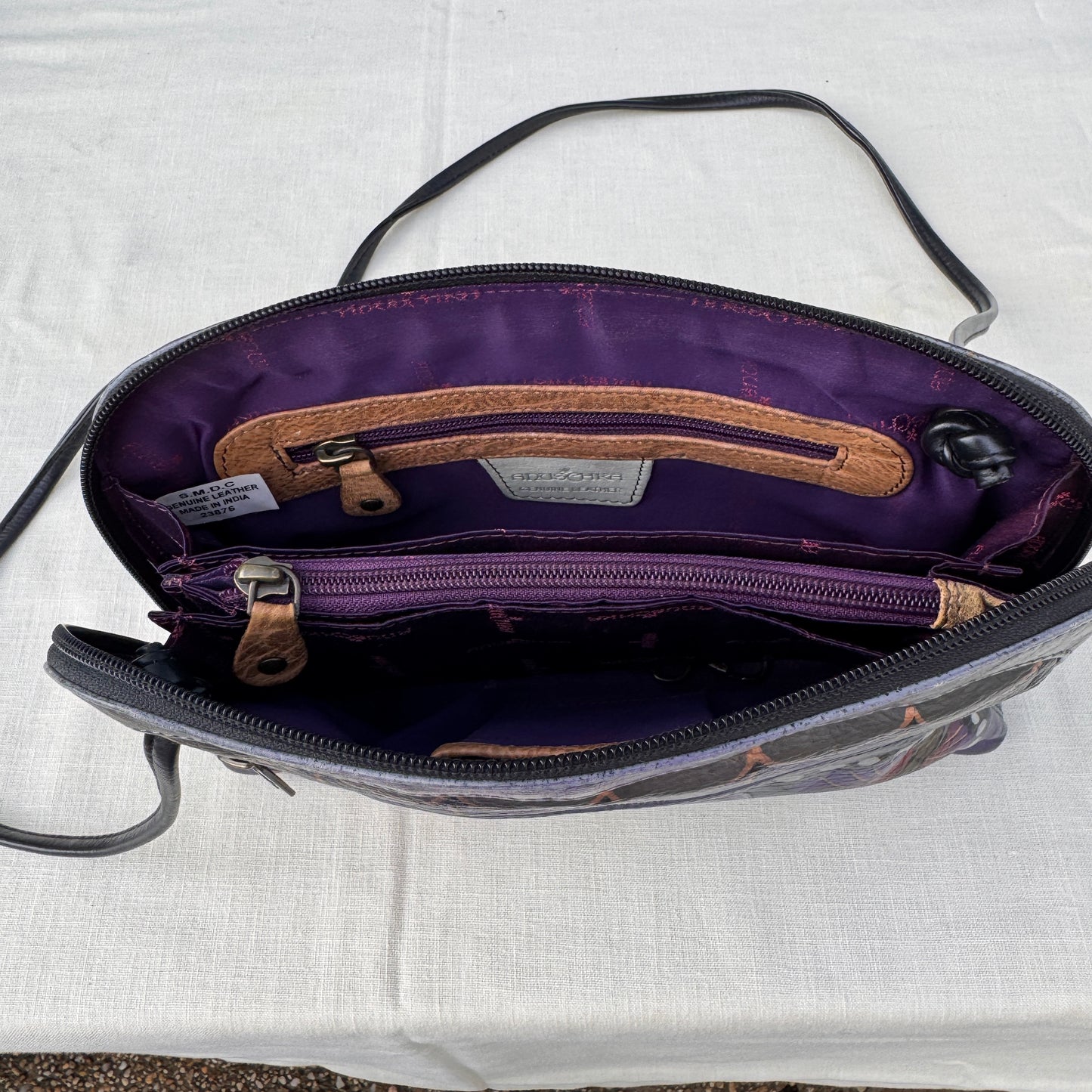 Anuschka Hand Painted Leather Crossbody Bag Purple Floral Butterfly