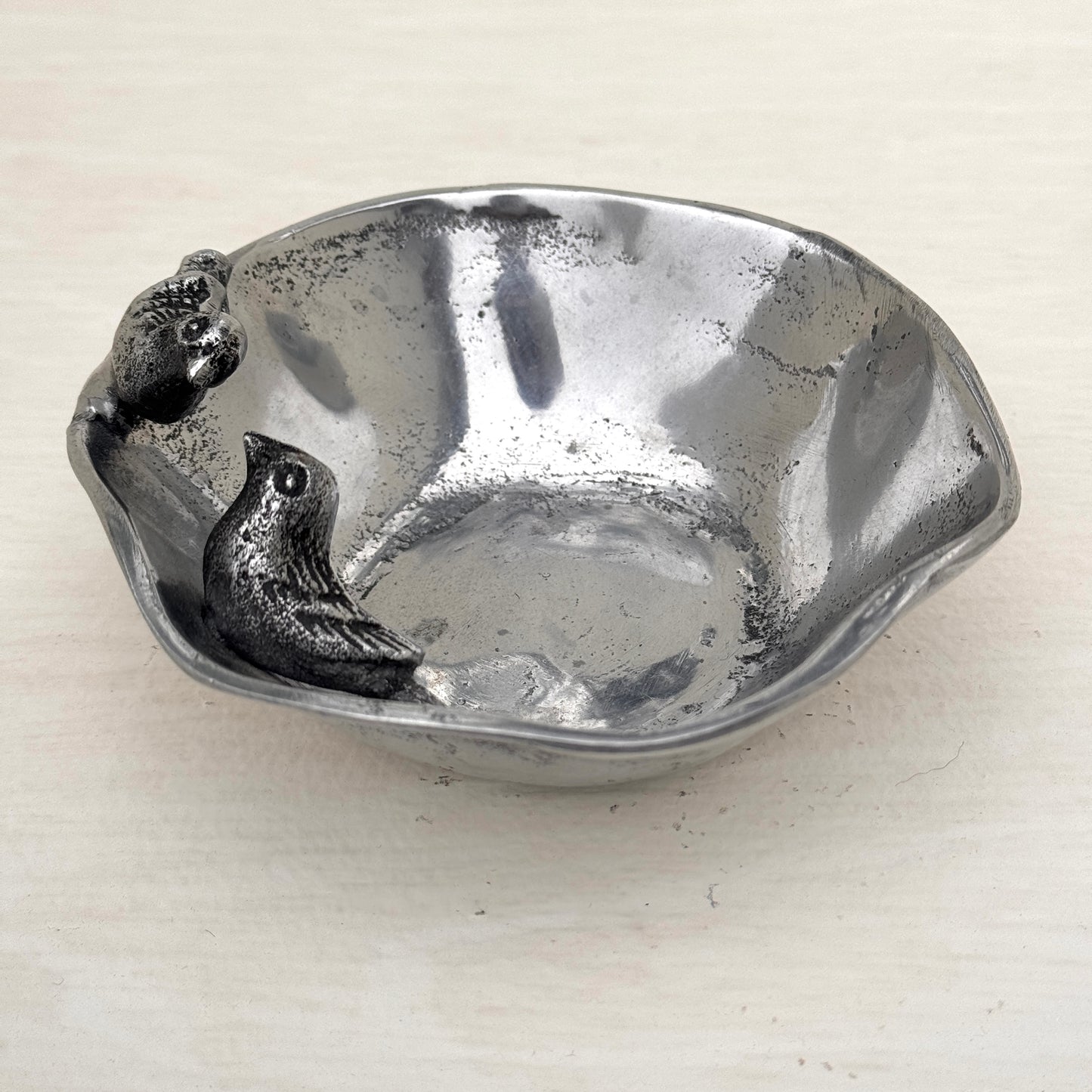 Vintage Pewter Bird Trinket Dish – Organic Hand Formed Silver Tone Bowl