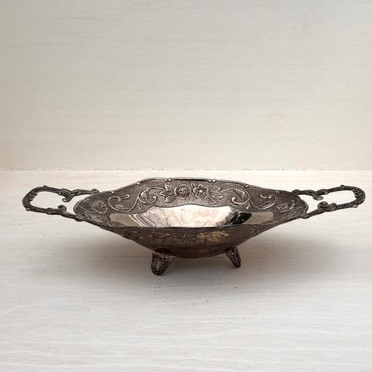 Vintage Style Silver Footed Serving Dish with Ornate Handles | Floral Pedestal Bowl