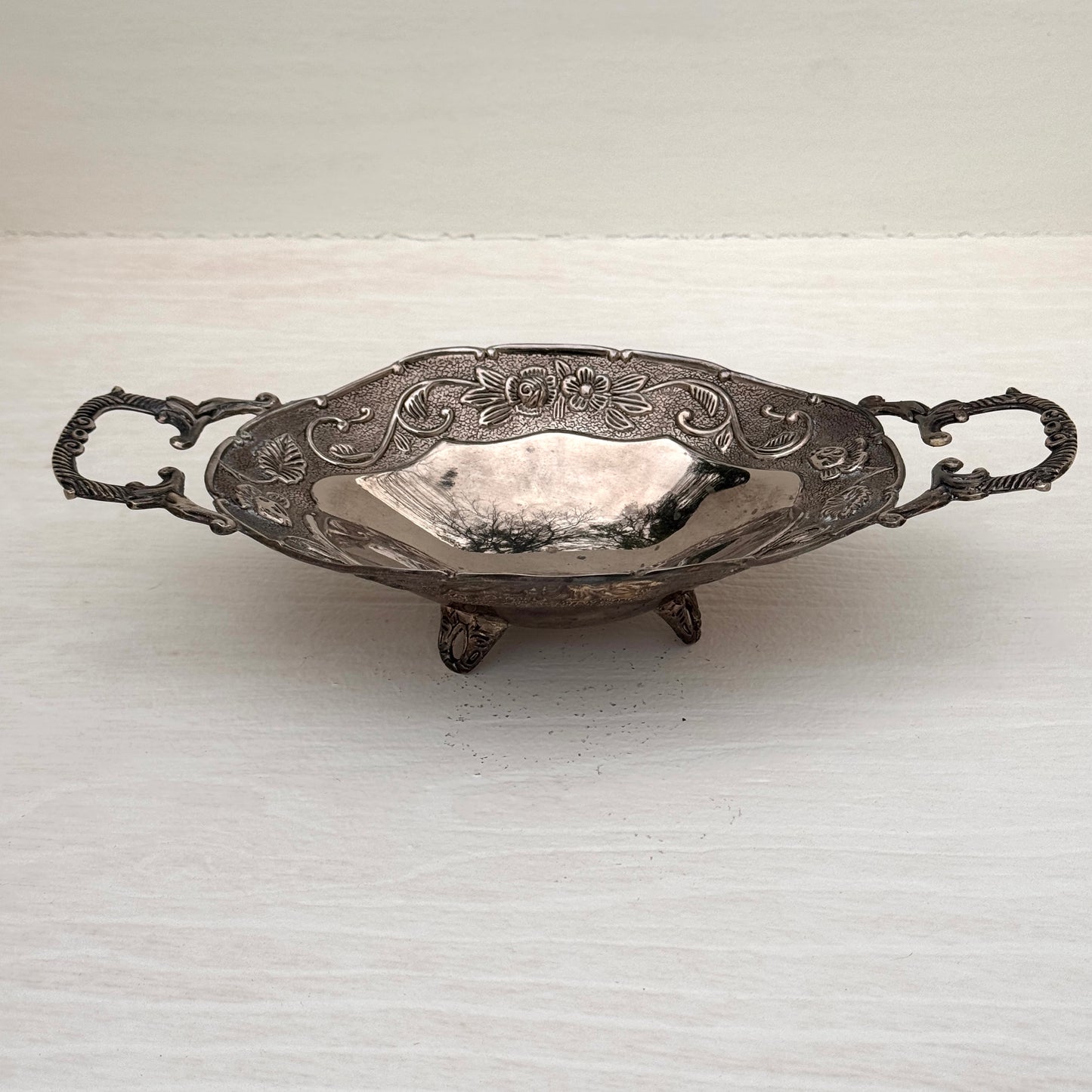 Vintage Style Silver Footed Serving Dish with Ornate Handles | Floral Pedestal Bowl