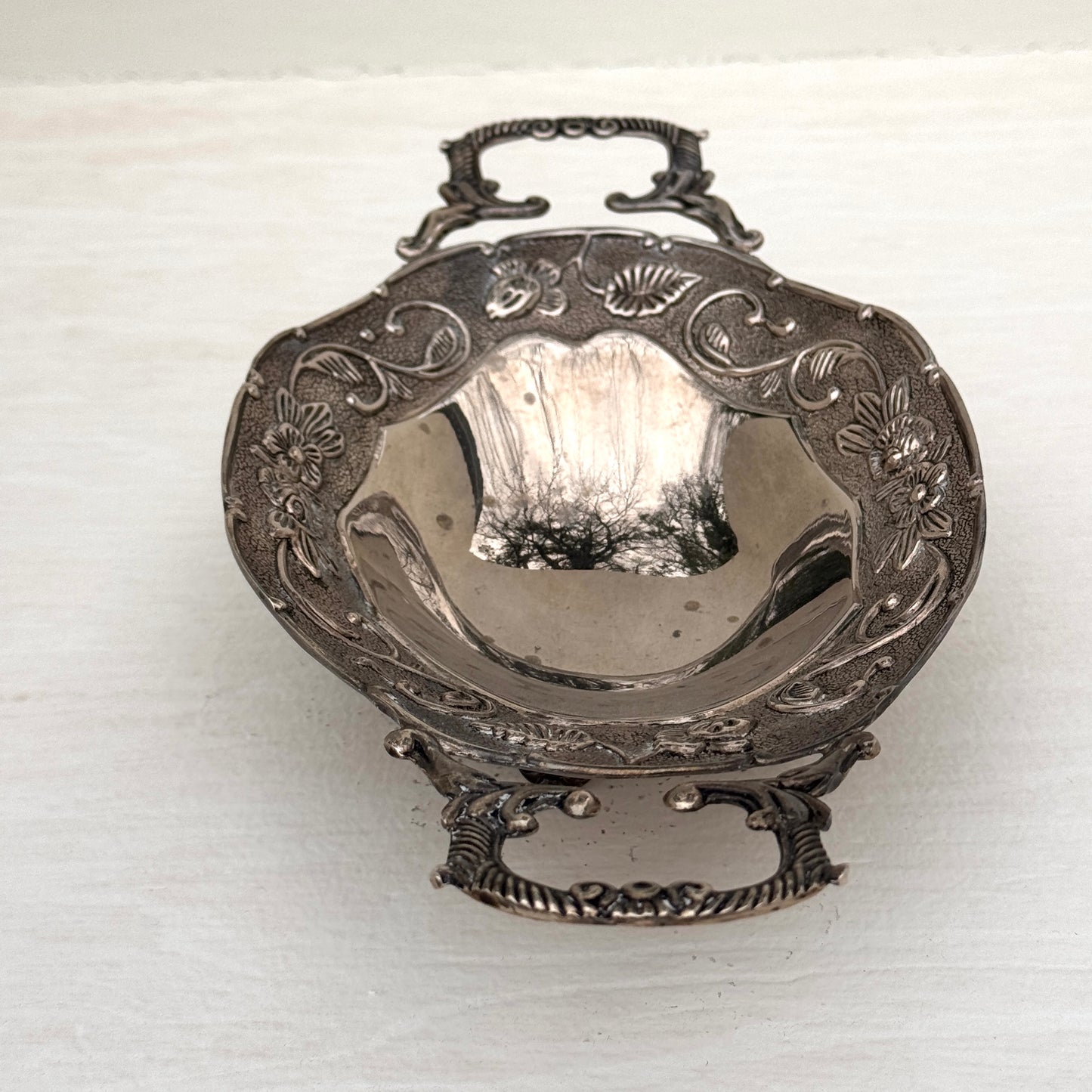 Vintage Style Silver Footed Serving Dish with Ornate Handles | Floral Pedestal Bowl