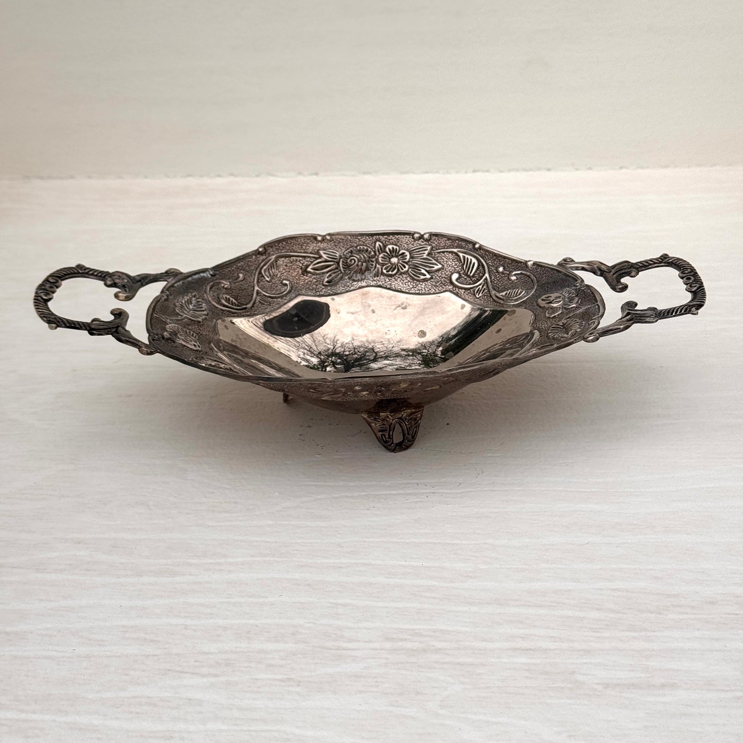 Vintage Style Silver Footed Serving Dish with Ornate Handles | Floral Pedestal Bowl