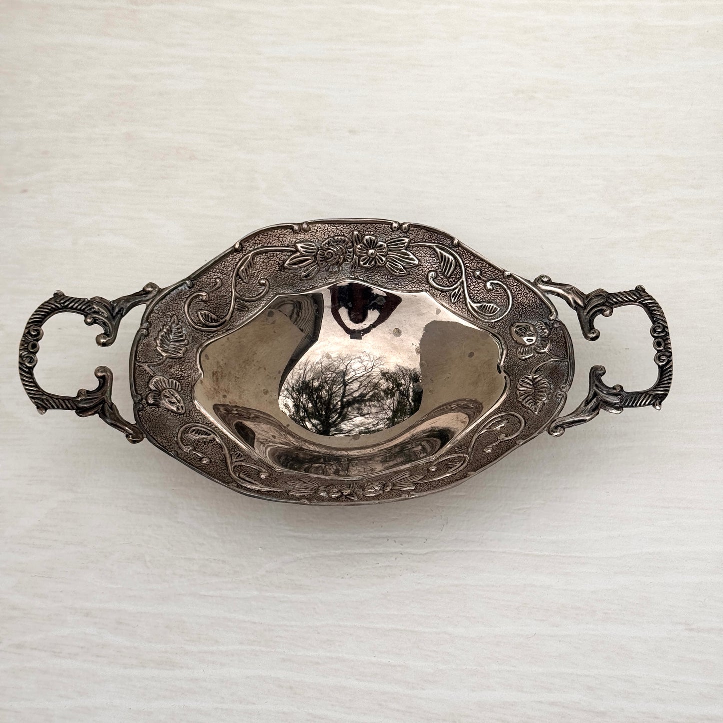Vintage Style Silver Footed Serving Dish with Ornate Handles | Floral Pedestal Bowl