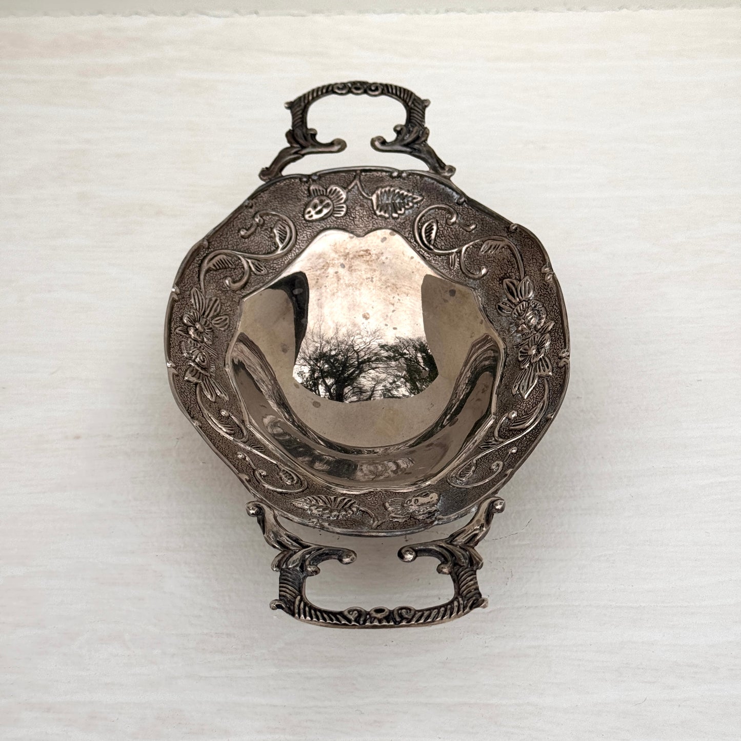 Vintage Style Silver Footed Serving Dish with Ornate Handles | Floral Pedestal Bowl