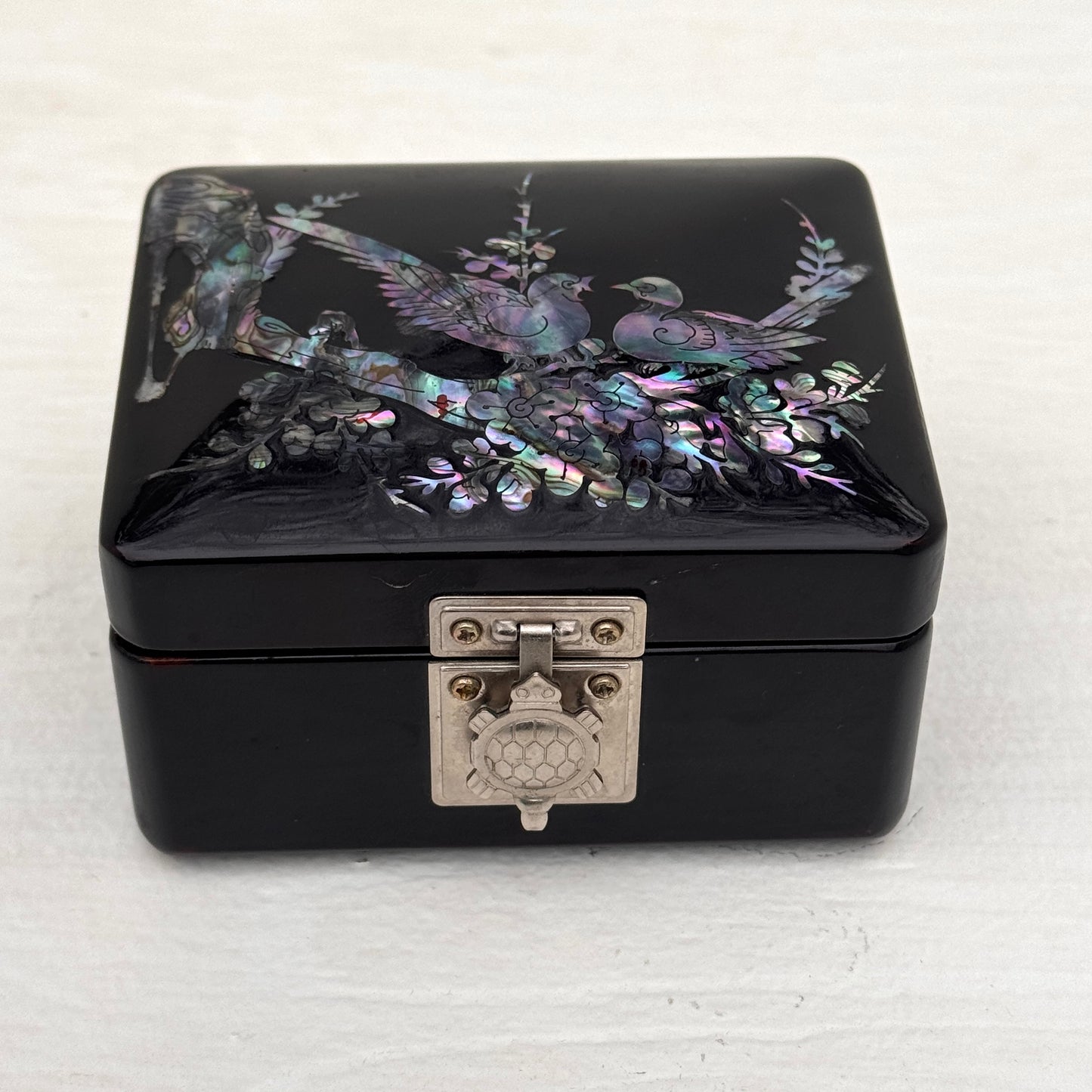 Vintage Black Lacquer Jewelry Box with Mother of Pearl Bird Inlay & Turtle Clasp