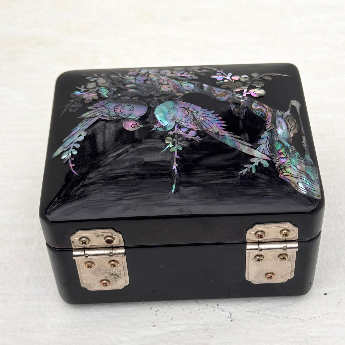 Vintage Black Lacquer Jewelry Box with Mother of Pearl Bird Inlay & Turtle Clasp