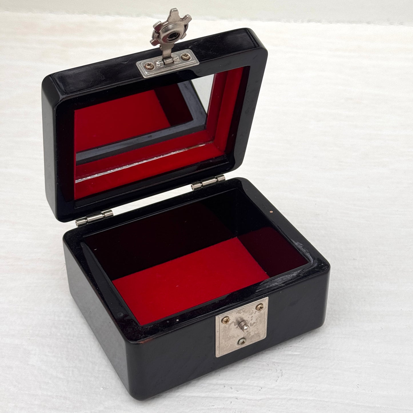 Vintage Black Lacquer Jewelry Box with Mother of Pearl Bird Inlay & Turtle Clasp