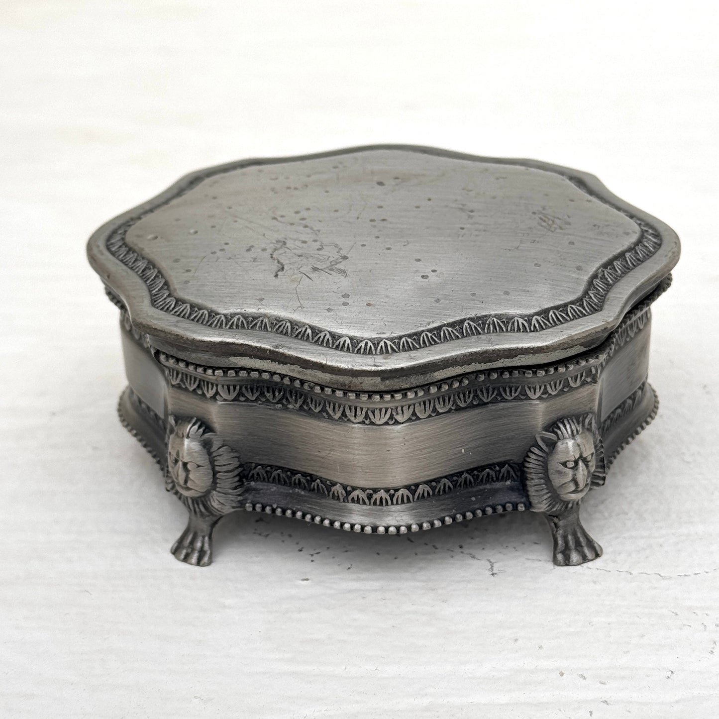 Vintage Silver Tone Jewelry Box with Lion Feet | Blue Velvet Trinket Box