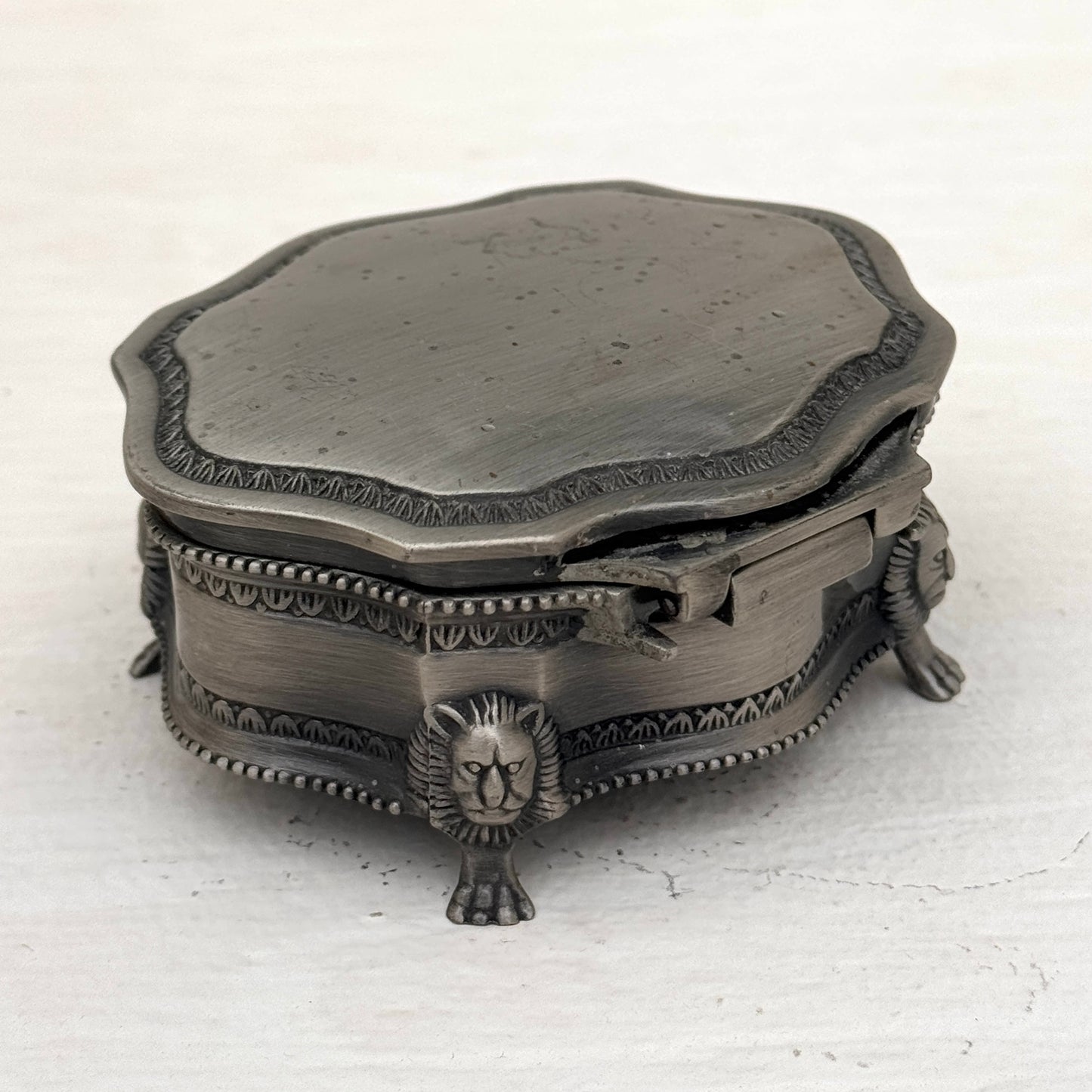 Vintage Silver Tone Jewelry Box with Lion Feet | Blue Velvet Trinket Box