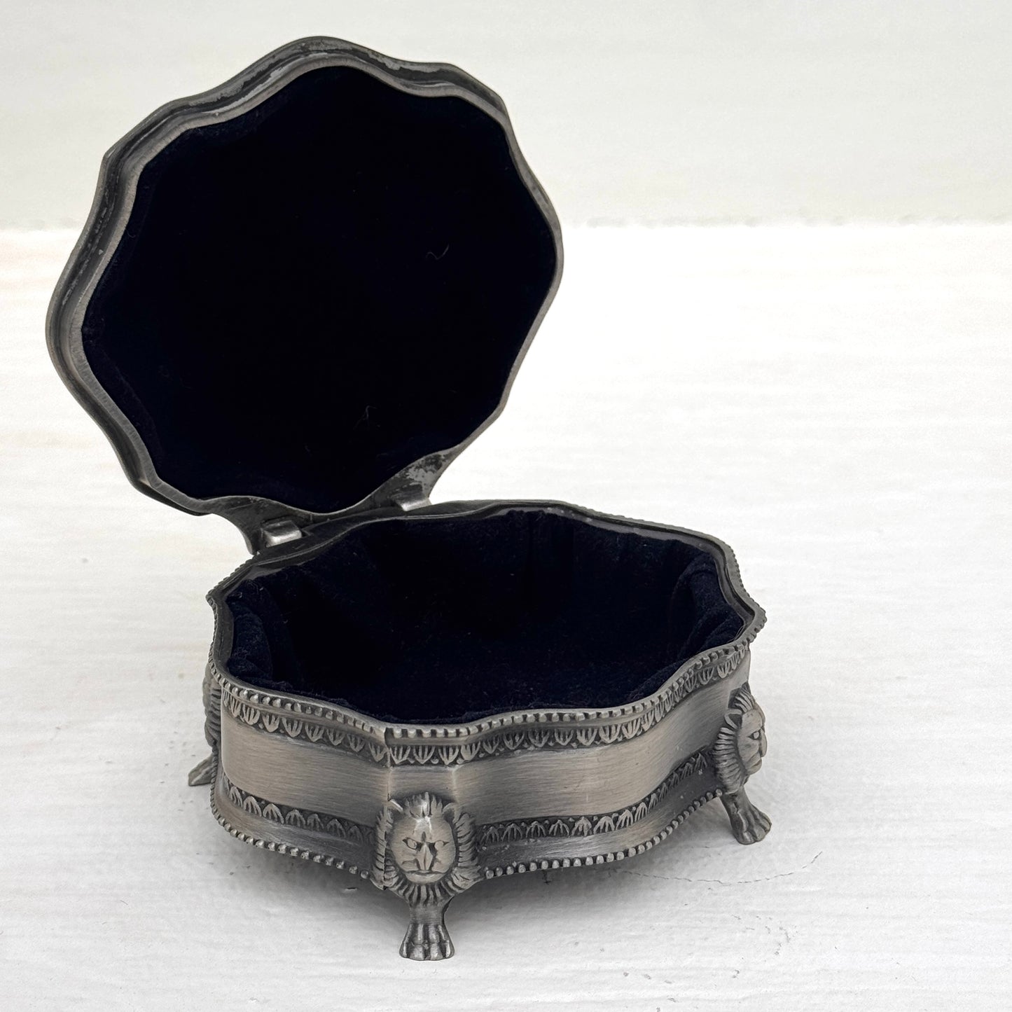 Vintage Silver Tone Jewelry Box with Lion Feet | Blue Velvet Trinket Box