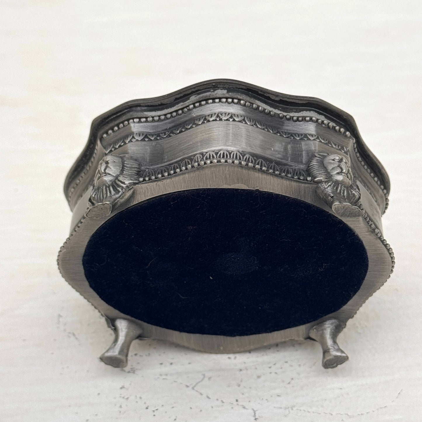 Vintage Silver Tone Jewelry Box with Lion Feet | Blue Velvet Trinket Box